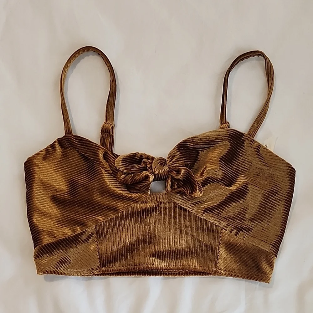 Free People Golden Brown Velvet Tie Front Crop Top - Picture 4 of 7